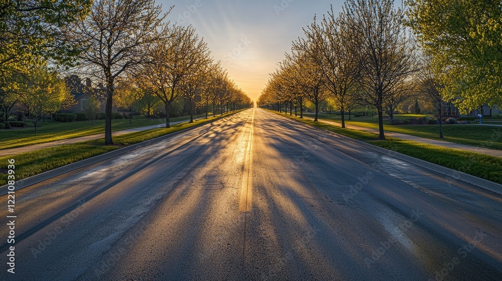 Sunrise Illuminates Tree Lined Residential Street Sunrise Illuminates Tree Lined Residential Street
