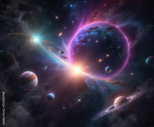 Iridescent rainbow galaxies with colorful stars and planets, iridescent, planets