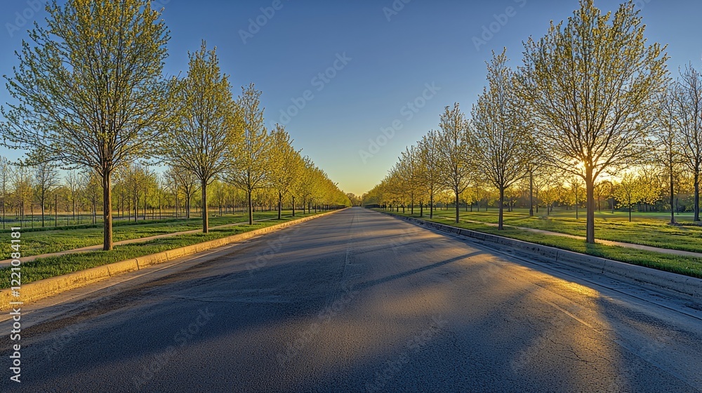 Fototapeta premium Sunlit Road Lined With Young Spring Trees