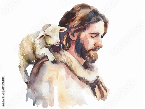 Watercolor illustration of Jesus as the Good Shepherd clipart