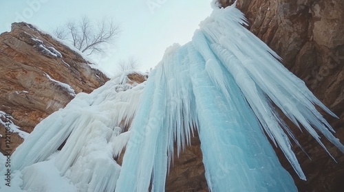 Frozen Waterfall Cascading Down Rocky Cliffs photo