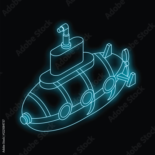 Neon submarine glowing underwater with periscope raised, in isometric view