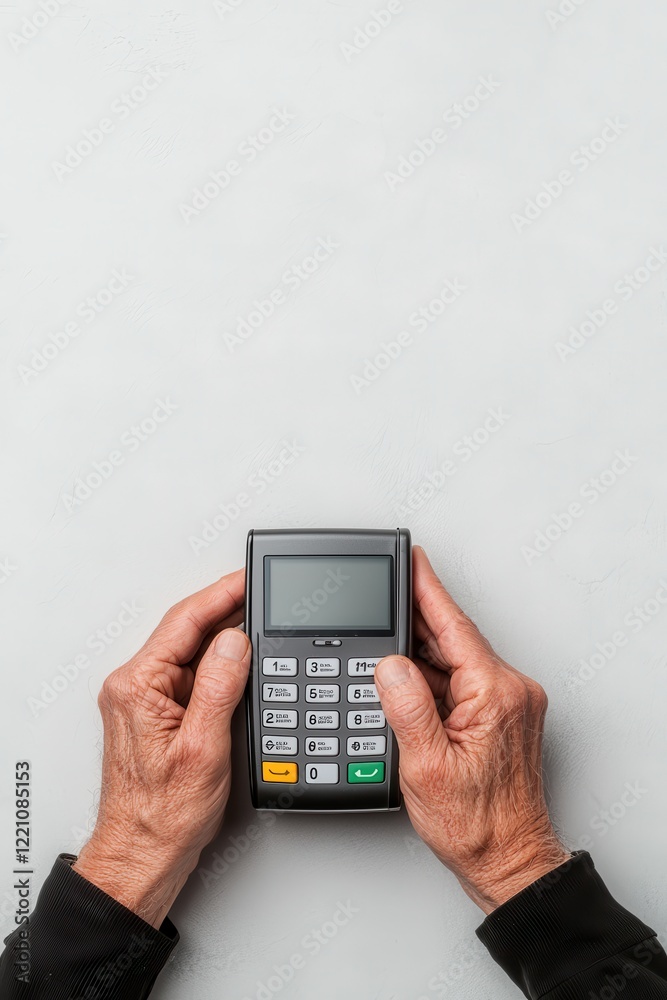 Hands holding a payment device on a light textured background. Hands holding a payment device on a light textured background.
