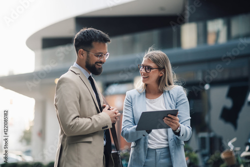 Business people having conversation about work outdoors while using digital tablet