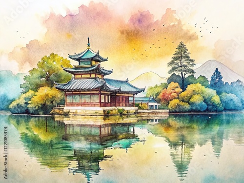 Watercolor Line Art Abstract Background: Blank Space for Text or Design