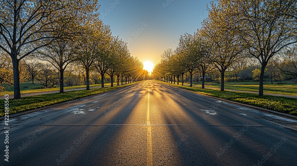 Sunlit Road Lined With Trees At Sunrise Sunlit Road Lined With Trees At Sunrise