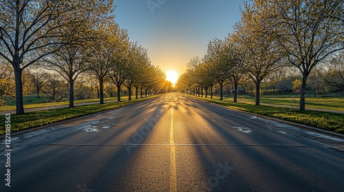 Sunlit Road Lined With Trees At Sunrise