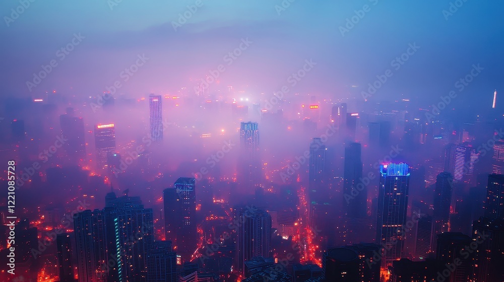 Obraz premium Dense smog covering a futuristic city skyline, vibrant neon lights piercing through the haze, [air quality], [urban pollution].