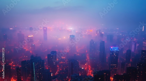 Wallpaper Mural Dense smog covering a futuristic city skyline, vibrant neon lights piercing through the haze, [air quality], [urban pollution]. Torontodigital.ca