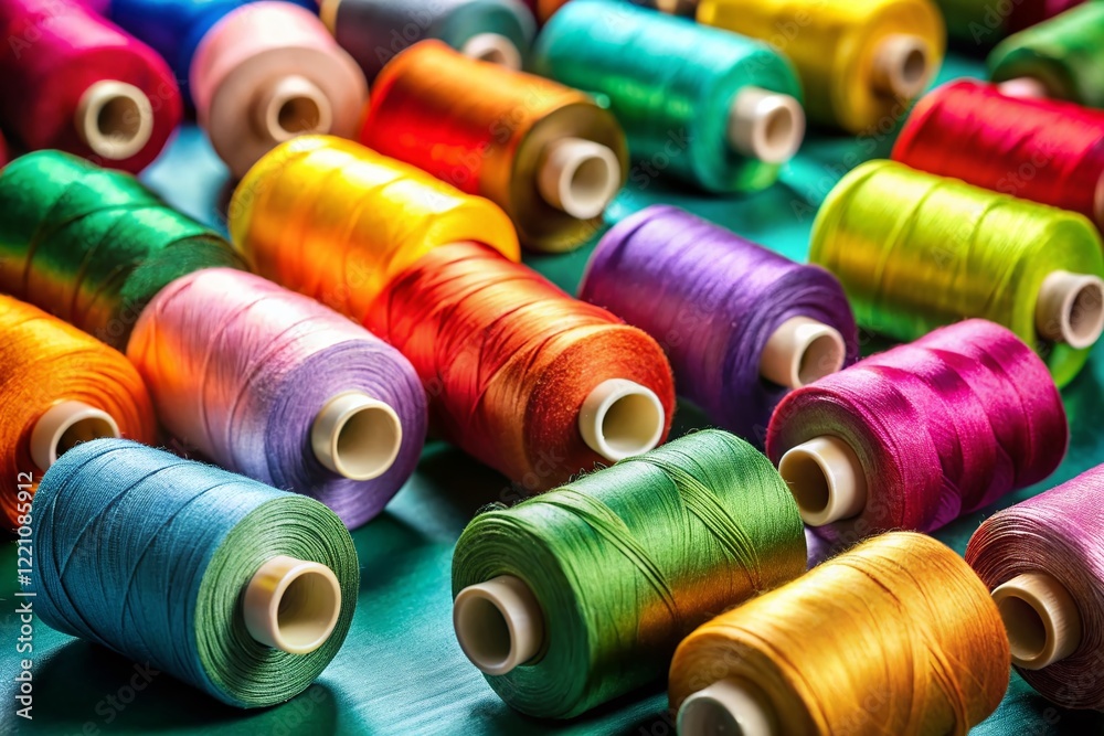 Vibrant Multicolored Sewing Threads on Dark Green Background - Craft Supplies Photography Vibrant Multicolored Sewing Threads on Dark Green Background - Craft Supplies Photography