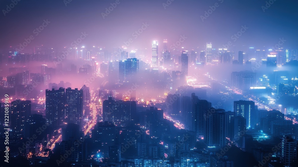 Obraz premium Dense smog covering a futuristic city skyline, vibrant neon lights piercing through the haze, [air quality], [urban pollution].
