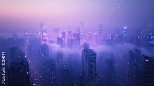 Dense smog covering a futuristic city skyline, vibrant neon lights piercing through the haze, [air quality], [urban pollution].