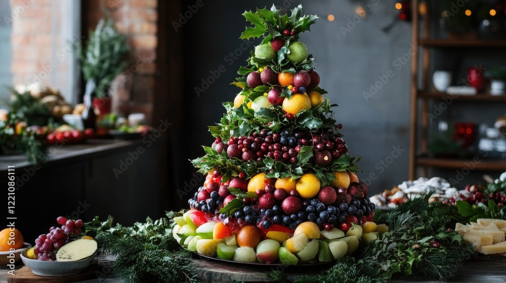 Fototapeta premium A unique Christmas tree crafted from fresh ingredients, perfect for a holiday party, with plenty of space for your festive captions.