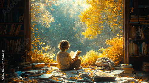 Young child reading by a large window, bathed in golden sunlight, surrounded by cozy blankets
