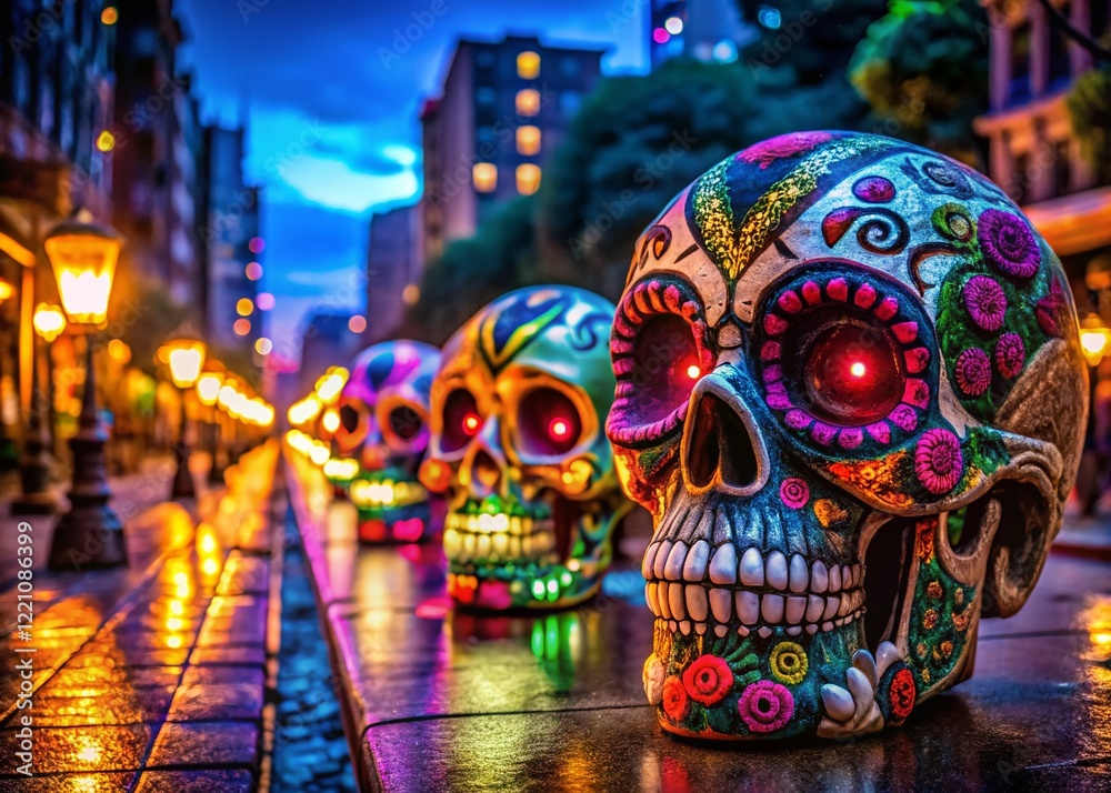 Fototapeta premium Vibrant Neon Sugar Skull Decorations Adorn Mexico City Street at Night
