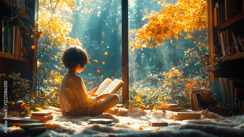Young child reading by a large window, bathed in golden sunlight, surrounded by cozy blankets
