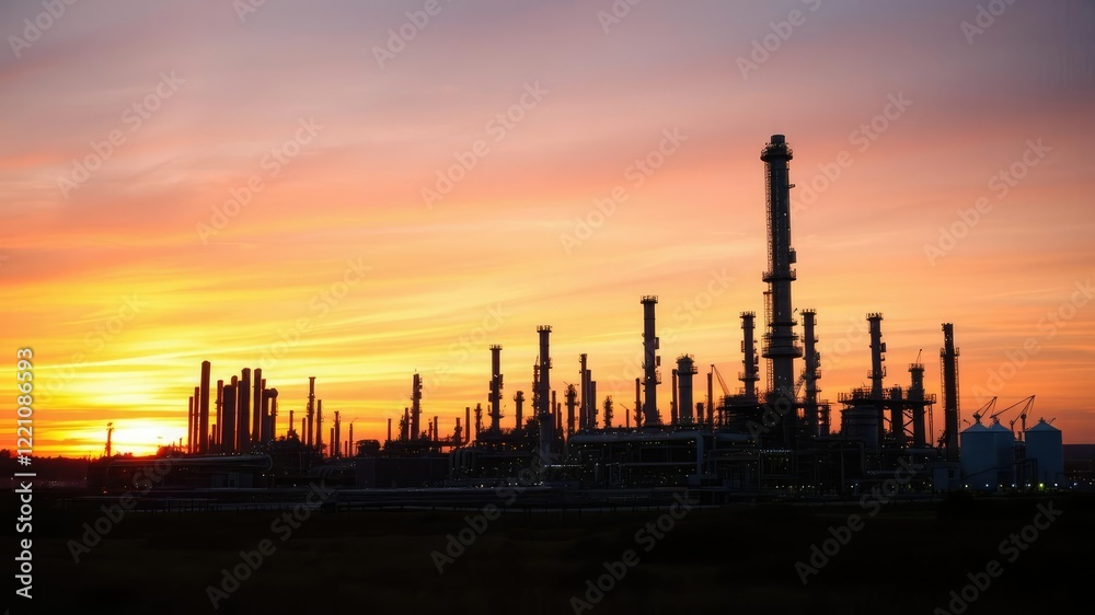 Industrial landscape with refinery plant area at sunset, factory, refinery Industrial landscape with refinery plant area at sunset, factory, refinery