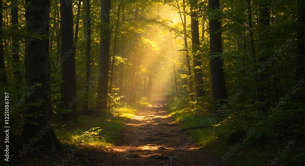Fototapeta premium Golden hour sunlight filters misty forest path.