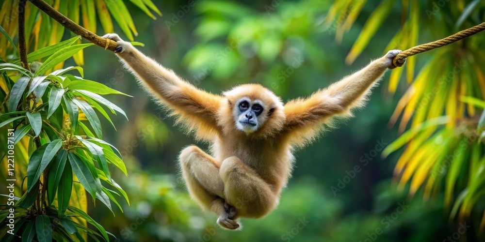 Fototapeta premium White-Handed Gibbon Hanging, Long Exposure, Gunung Leuser National Park, Sumatra, Indonesia