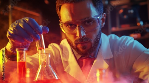 Scientist conducts experiment with colorful liquids in laboratory setting during evening hours