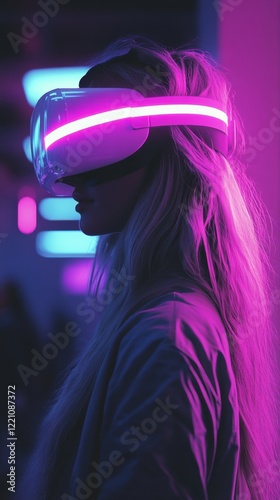 Futuristic gaming experience with neon lights in a virtual reality setting at night