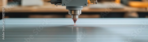A close-up of a laser cutting machine working on metal sheet surface in a workshop.