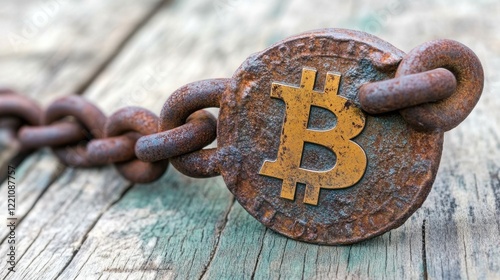 Rusty chain linked with a bitcoin symbol on a weathered wooden surface showcasing the intersection of tradition and technology
