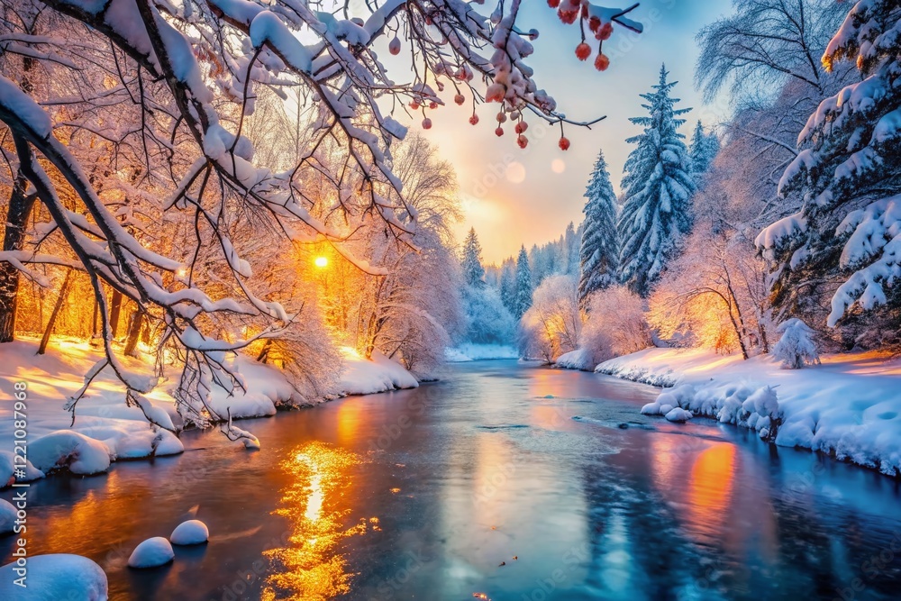 Naklejka premium Winter Wonderland: Snow-Covered Trees by a River with Bokeh