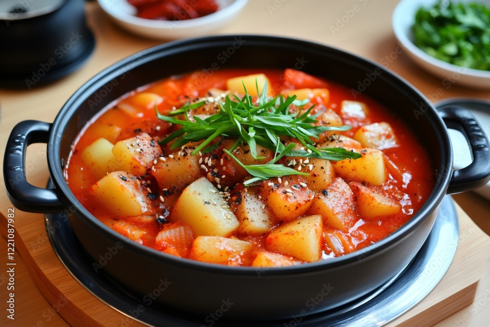 Spicy korean potato stew with herbs and spices in black pot Spicy korean potato stew with herbs and spices in black pot