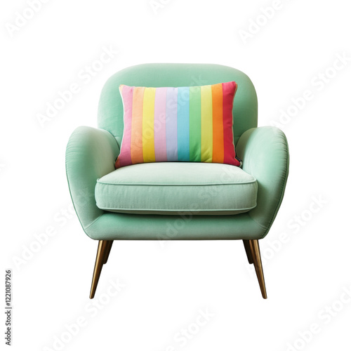 Stylish mint green armchair paired with a colorful rainbow-striped pillow, adding a vibrant touch to modern home decor. Isolated on transparent background, png. photo