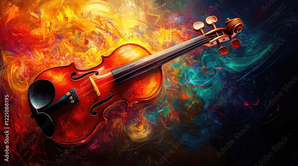 Fototapeta premium A violin bathed in vibrant colors, surrounded by artistic, swirling music patterns that bring the rhythm to life.