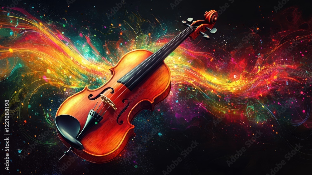 Fototapeta premium A violin bathed in vibrant colors, surrounded by artistic, swirling music patterns that bring the rhythm to life.