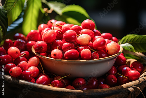 Bowl of red cherries is sitting on a table. The cherries are ripe and juicy, and they are surrounded by leaves. The bowl is filled to the brim with cherries, and they are all different sizes photo