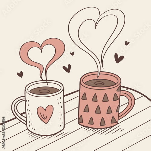 Two coffee mugs with heart-shaped steam ector illustration photo