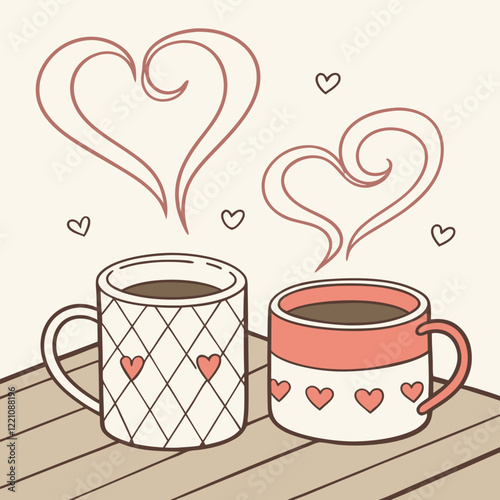 Two coffee mugs with heart-shaped steam ector illustration