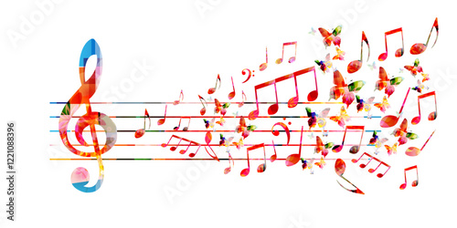 Music background with colorful music notes vector illustration design. Artistic music festival poster, live concert events, party flyer, music notes signs and symbols	