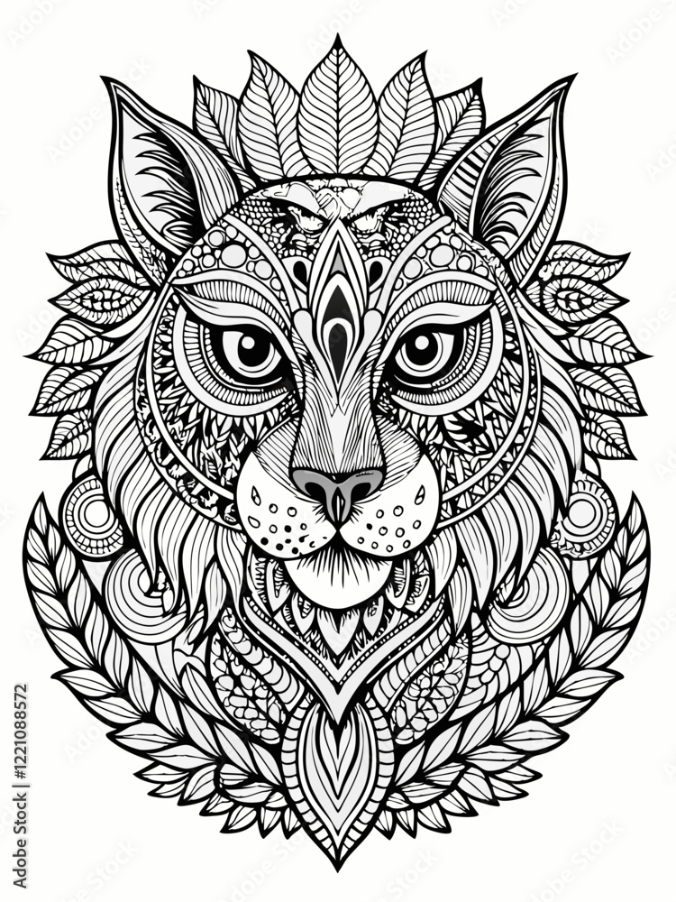 Obraz premium Animal Face Mandala Coloring Page for Adults, black and white, black line art, Isolated on white background