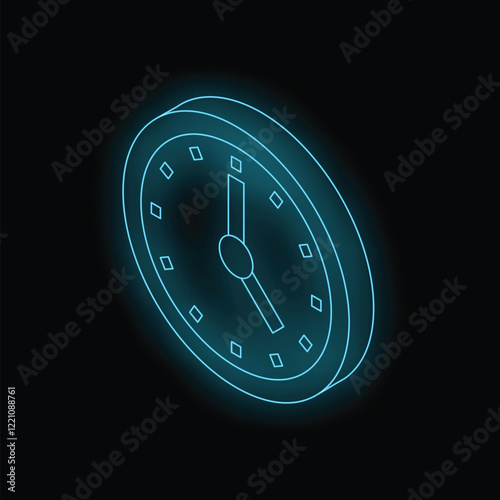 Blue neon clock showing time passing isometrically on black background