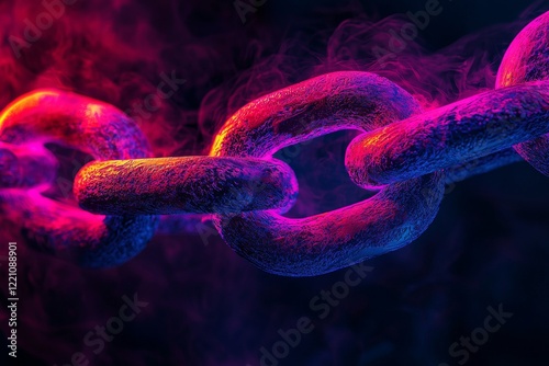 A vibrant neon chain link glows against a dark background, representing strength and connection in a digital era. photo