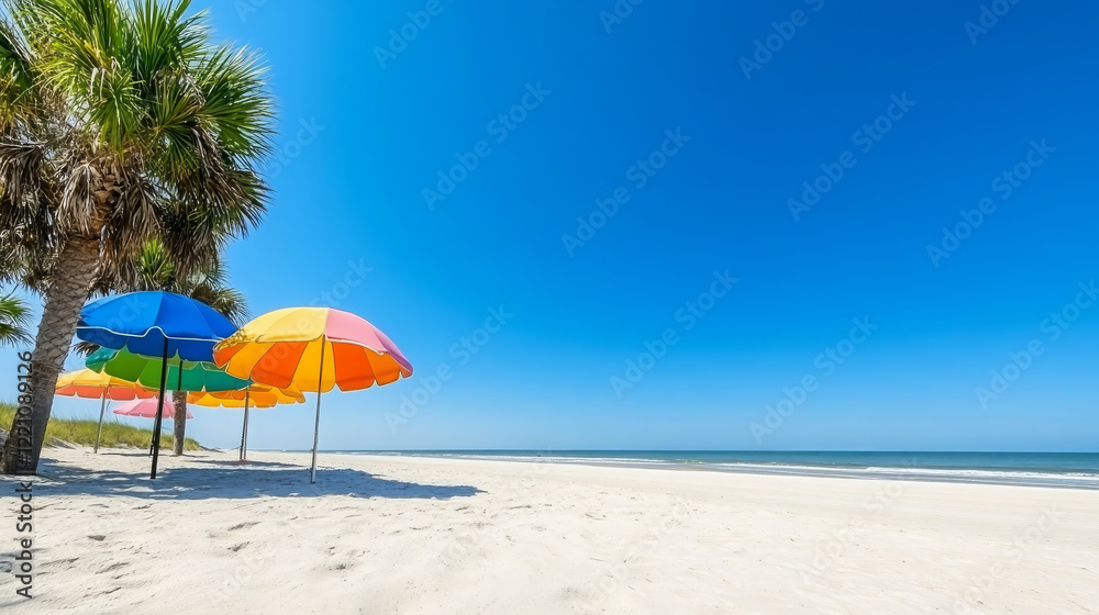 Fototapeta premium peaceful coastal escape with vibrant beach umbrellas and palm trees. clear blue sky and soft sand create perfect setting for relaxation and enjoyment by sea