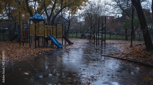 Empty playground drenched in autumn rain photo