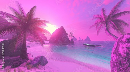 Vibrant sunset over a tropical beach with palm trees and rocky formations by the coast
