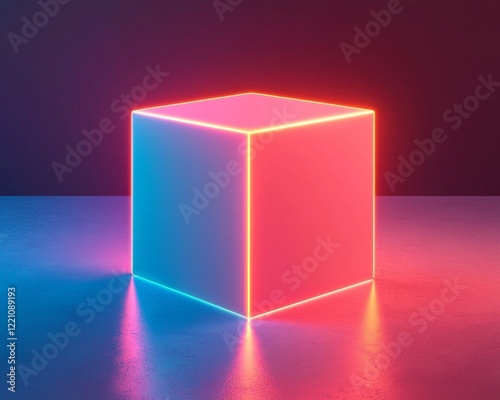 A vibrant neon cube illuminated with pink and blue lights, creating a striking visual contrast in a darkened space. photo