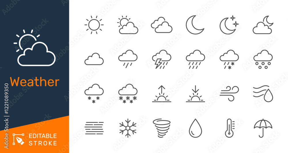 Weather thin line icons. Editable stroke. Pixel perfect.