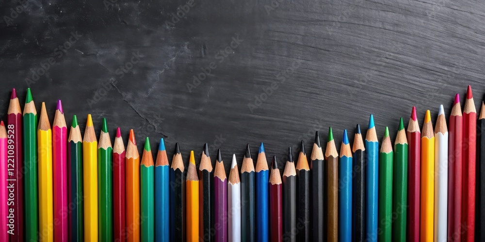 A vibrant array of colored pencils arranged in a curved line against a backdrop of a dark slate surface, creating a visual contrast of color and texture. A vibrant array of colored pencils arranged in a curved line against a backdrop of a dark slate surface, creating a visual contrast of color and texture.