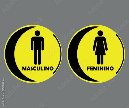 Placas Banheiro Redondas Com Meia Lua. Masculino e Feminino. Nos Tons Preto Com Fundo Amarelo.