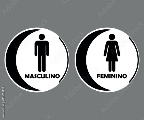 Placas Banheiro Redondas Com Meia Lua. Masculino e Feminino. Nos Tons Preto e Branco.