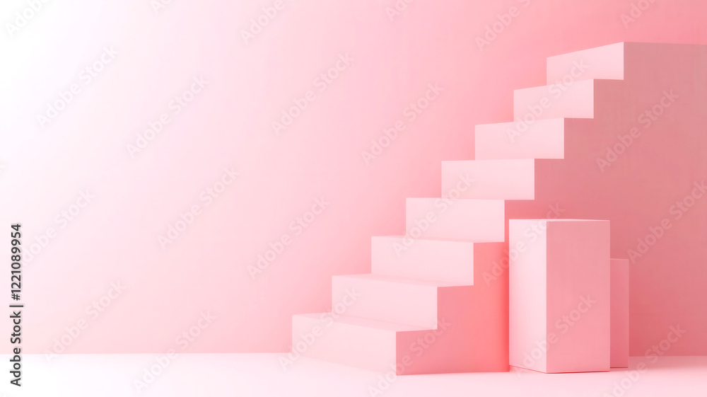 Abstract staircase with cubes representing key business pillars, 3D illustration, Abstract staircase with cubes representing key business pillars, 3D illustration,