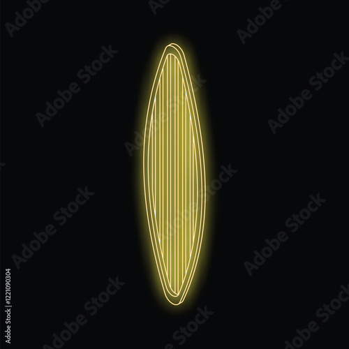 Yellow neon sign is glowing in the shape of a surfboard on a black background