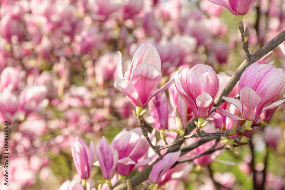 magnolia soulangeana in full bloom. decorative deciduous plant. sunny weather in spring. beautiful outdoor nature background. pink flowers on the branch in morning light magnolia soulangeana in full bloom. decorative deciduous plant. sunny weather in spring. beautiful outdoor nature background. pink flowers on the branch in morning light